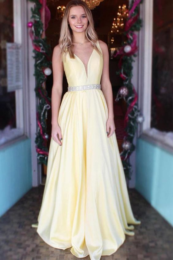 Daffodil Satin A Line V Neck Beaded Prom Dresses Formal Evening Dress cg15156