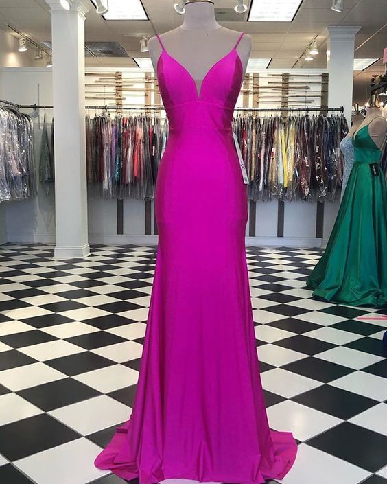 Simple Spagehtti Straps Fuchsia Satin Mermaid Prom Dress cg15192