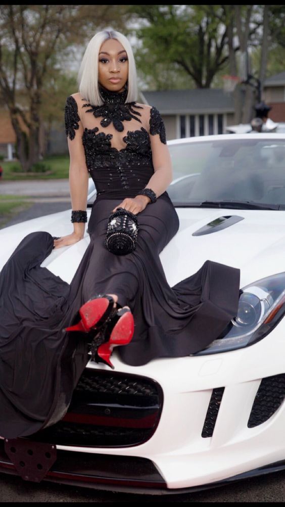 Black Lace Prom Dress With Train cg15216