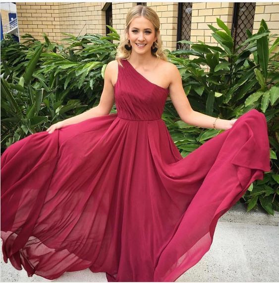 Simple burgundy one shoulder long prom dress cg15225