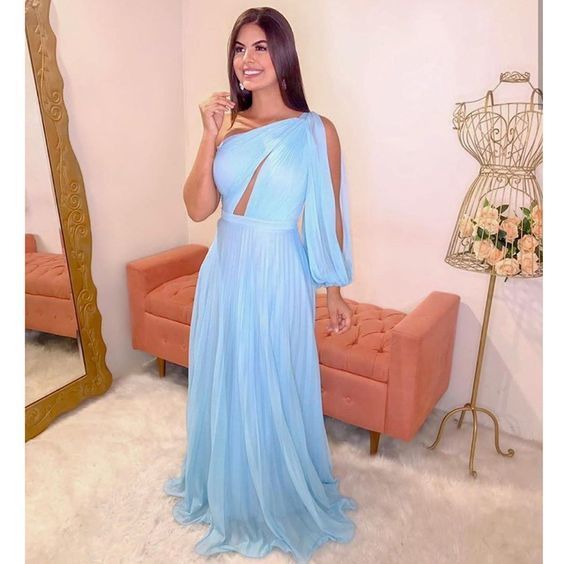 Blue Chiffon Long Prom Dress ,One Shoulder Cut-out Pleat Elegant Single Long Sleeve Evening Dresses cg15227