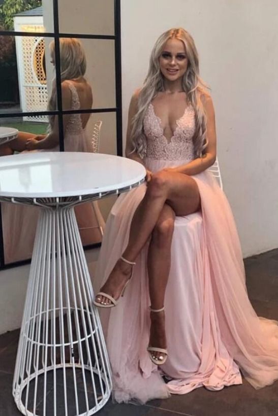 Sexy V Neck Pink Long Prom Dress With Slit cg15257