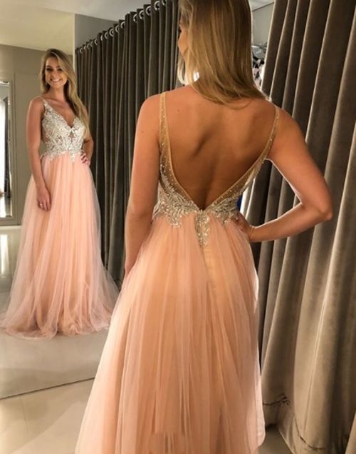 A-line V Neck Long Prom Dress,Open Back Prom Dress With Lace cg15258