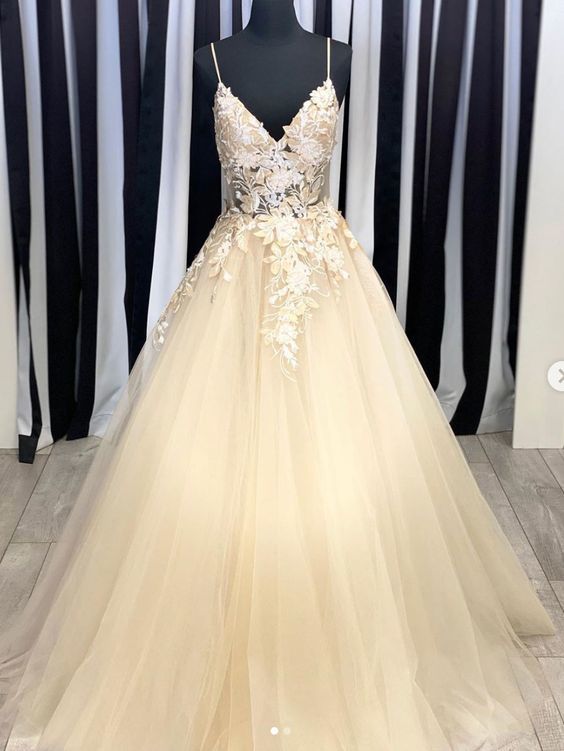 Champagne v neck tulle lace long prom dress tulle lace evening dress cg15259