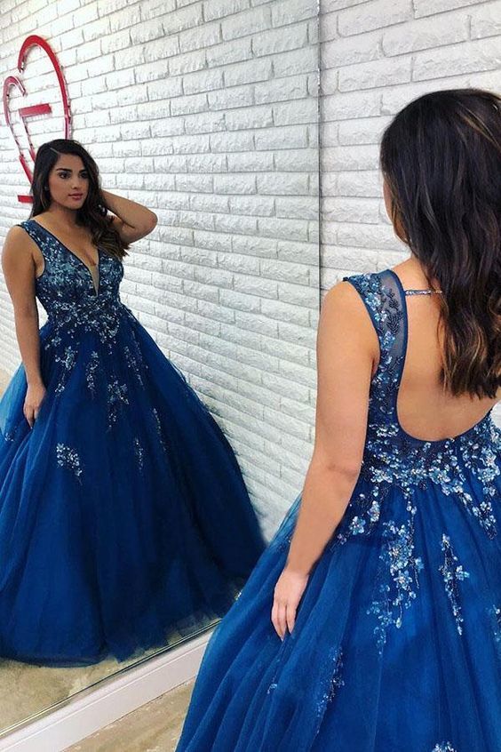 Ball Gown Royal Blue Beaded Long Plus Size Prom Dress with Open Back cg15311