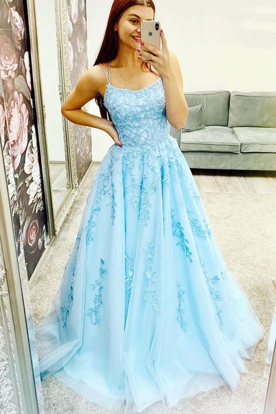 A-line blue long prom dress with double straps and lace appliques cg15337