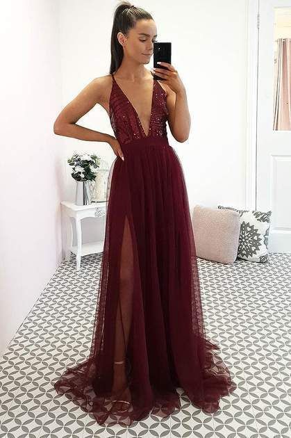 Deep V Neck Long Prom Dress, Straps Tulle Prom Dress cg15360