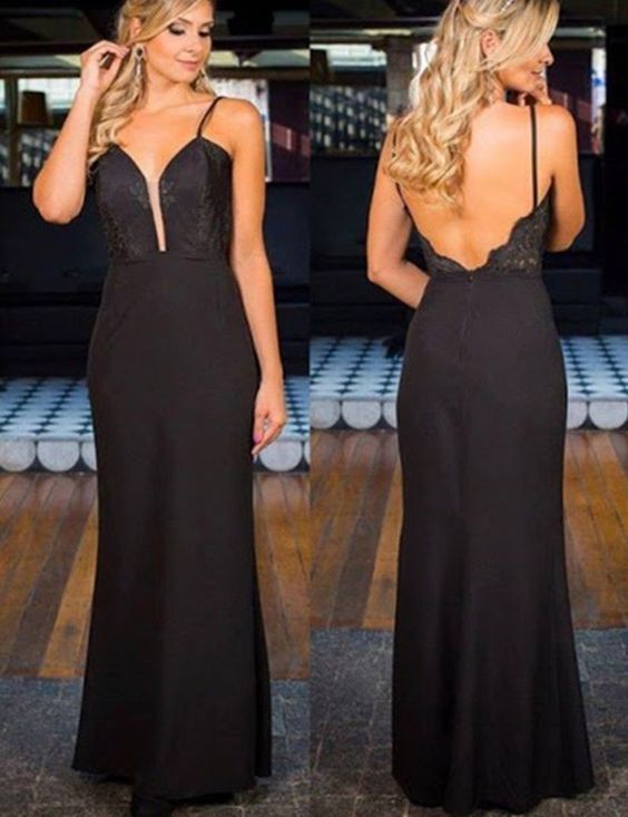 Spaghetti Straps Long Backless Sheath Black Prom Dress with Lace cg15364