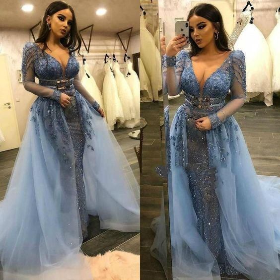 deep v neck luxury prom dresses with detachable skirt blue lace applique beaded elegant prom gown cg15391