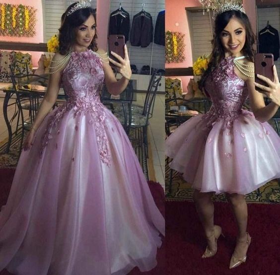 pink prom dresses 2021 halter neckline lace appliques ball gown cg15448