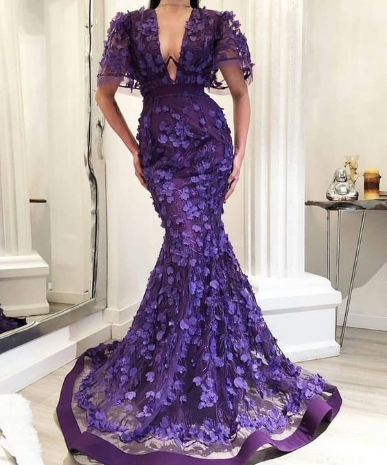 Purple Mermaid Long Prom Dress With Lace cg15465