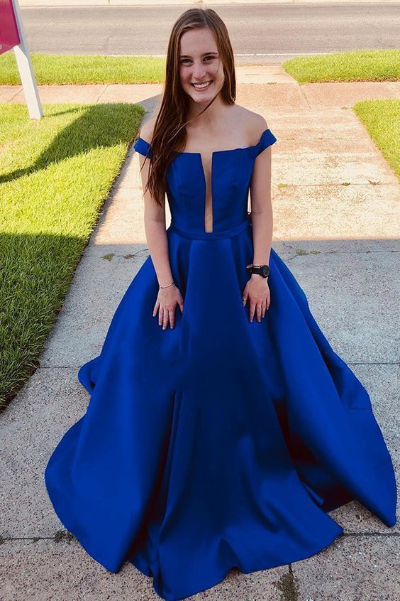 Elegant Royal Blue A Line Prom Dress, Off The Shoulder Long Evening Party Dress cg15466