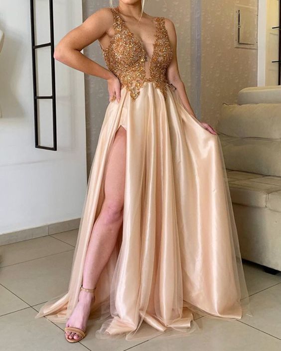 Elegant Tulle Prom Dresses Lace Beaded Leg Split cg15476