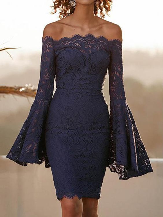 Sexy Lace Flared Sleeves Bodycon Off-the-shoulder Midi Dress Homecoming Dress cg15506