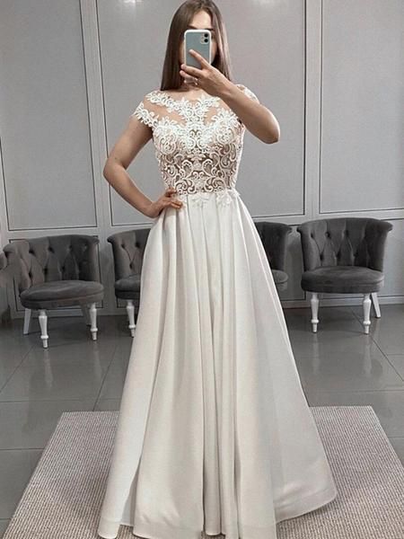 Cap Sleeves White Lace Long Prom Dresses with Slit cg15548