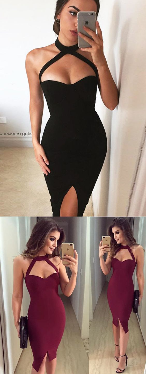 Sexy Sheath Halter Front Split Mid-Calf Homecoming Dress cg15559