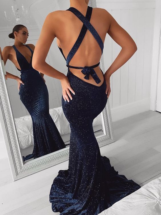 Mermaid V Neck Navy Sparkly Prom Dresses, Fashion Evening Dresses cg15585