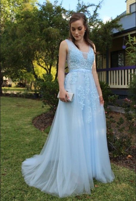 Light Blue A-line Tulle and Lace Appliqued Long Prom Dress cg15593