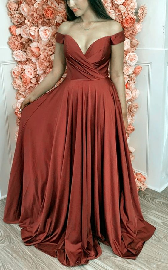 Princess Prom Dress Simple Long Satin Rust Bridesmaid Dresses Off The Shoulder Evening Gown For Women cg15620