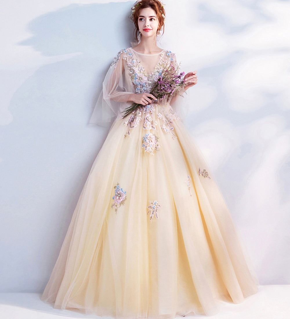 CHAMPAGNE LACE APPLIQUE LONG PROM DRESS EVENING DRESS cg15623