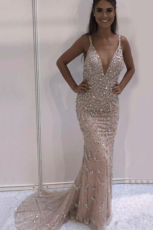 Sexy V neck Straps Tulle Beaded Appliques Mermaid Evening Prom Dress cg15640