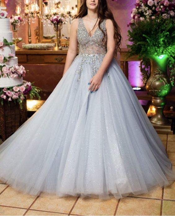 Tulle Prom Dresses Ball Gown Beaded V Neck cg15651