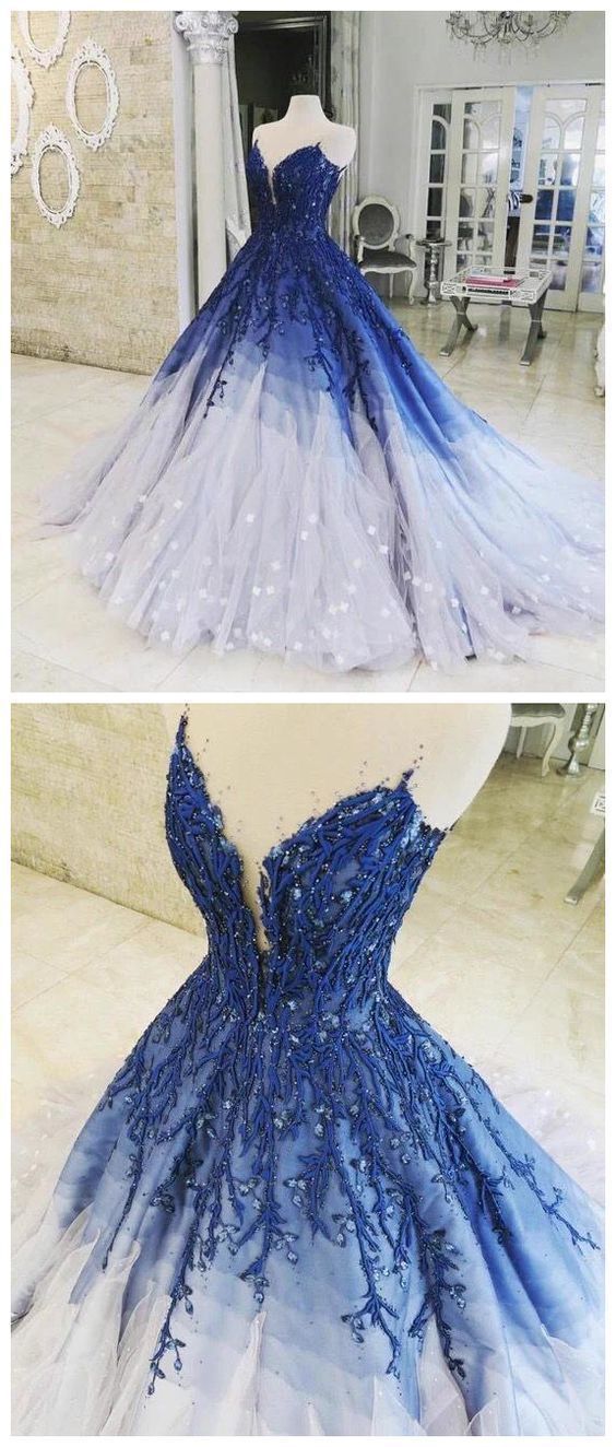 A-line Ombre Prom Dress With Applique Royal Blue Prom Dresses Long Evening Dress cg1566