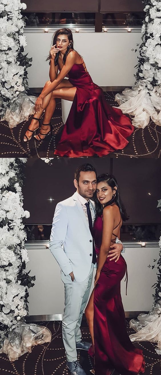 Burgundy Prom Dresses Long, Modest Formal Dresses With Slit cg15701