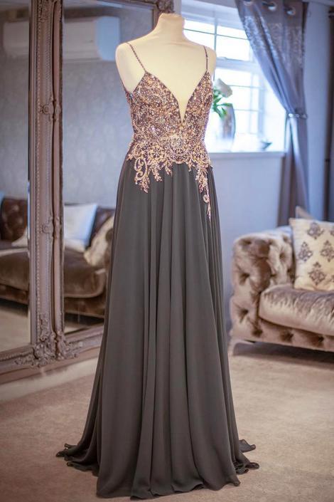 Spaghetti Straps Dark Grey Long Prom Dress with Beading Top cg15713