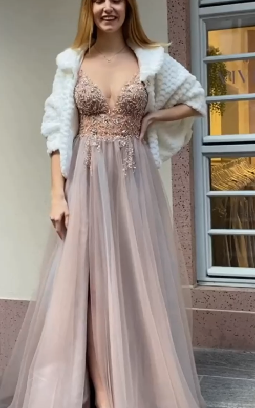 Festive dresses ball gowns prom dress long dusty pink tulle beads with slit spaghetti straps cg15737
