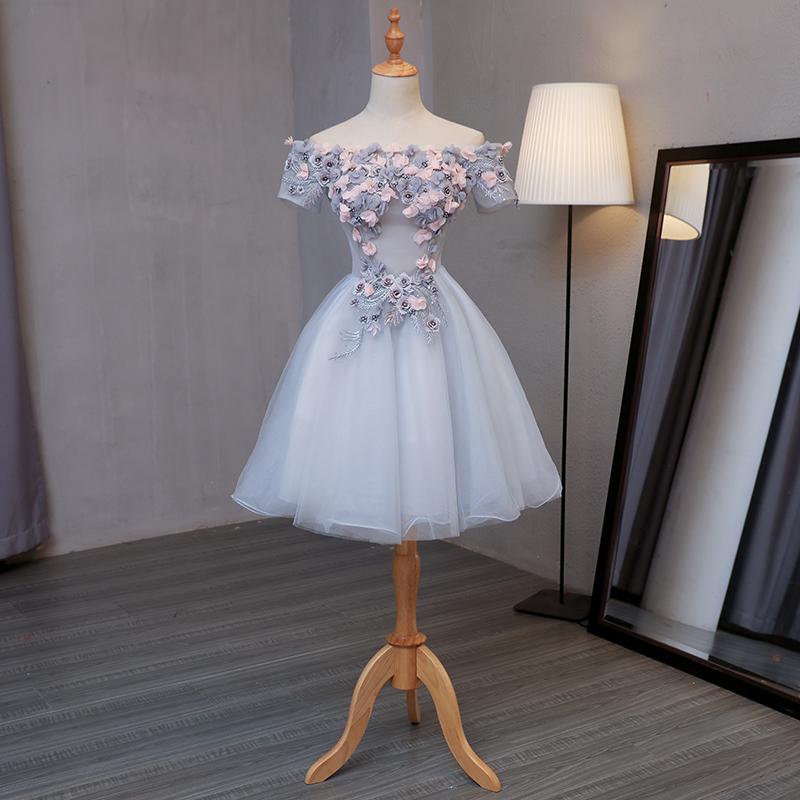 Light Grey Tulle Short Prom Dress With Flowers, Grey Homecoming Dress Graduation Dress cg15747