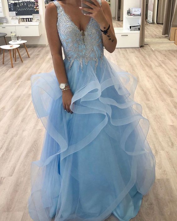 Blue A-Line Prom Dress,Charming V-Neck Evening Dress cg15759