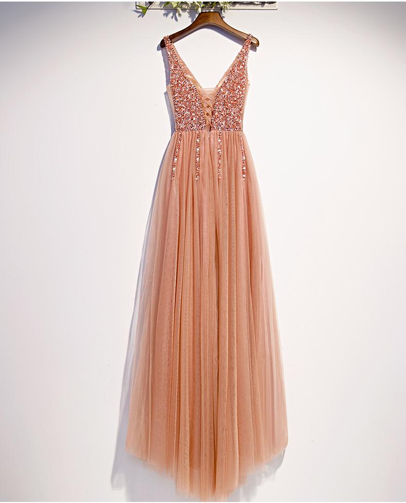 Pearl Pink Beaded Slit V-Neckline Long Junior Prom Dress, Pink Evening Dress cg15814