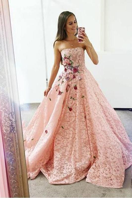 Strapless Pink Lace Long Ball Gown with Floral Embroidery Cheap Prom Dresses cg15824