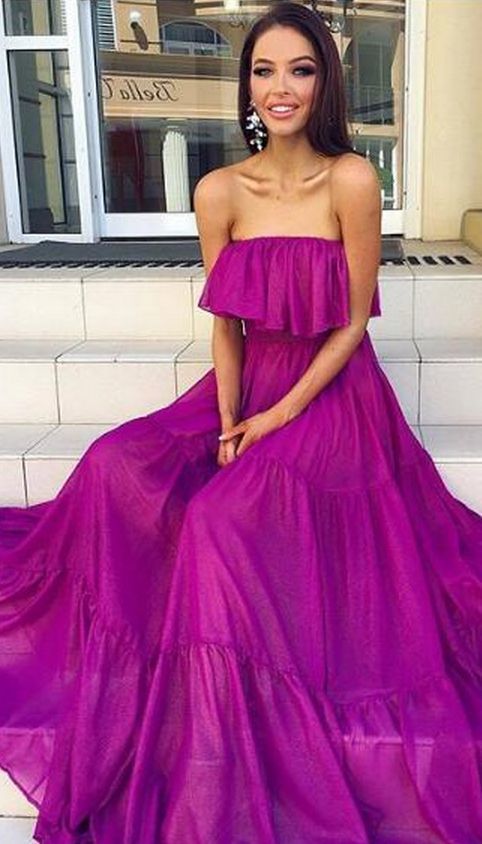 Elegant Formal Dress Evening Dress A-line Fuchsia Strapless Chiffon Long Evening Dresses Prom Dresses cg15825