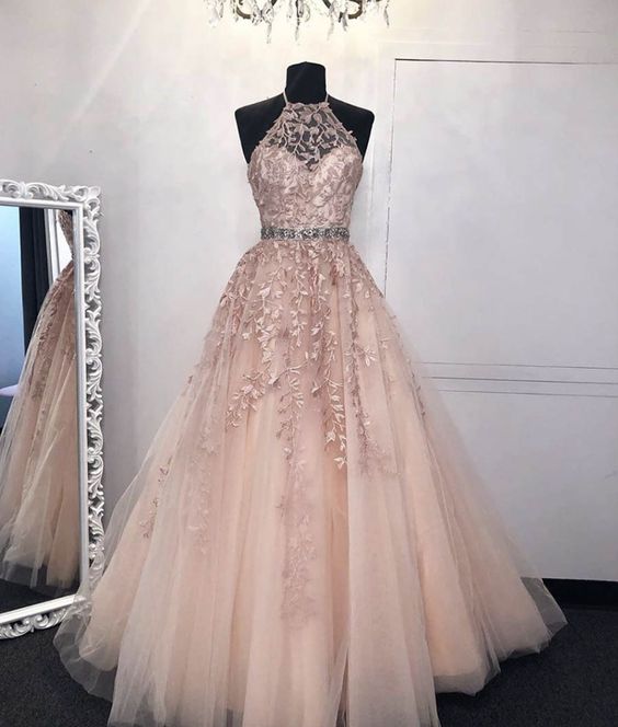 Pink tulle lace long prom dress evening dress cg15835