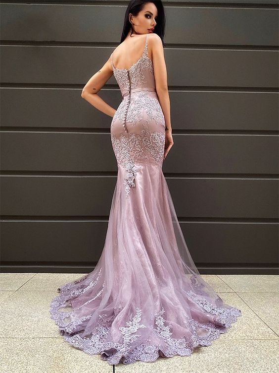 Trumpet/Mermaid Applique Satin Spaghetti Straps Sleeveless Court Train long prom dress evening dress cg15836
