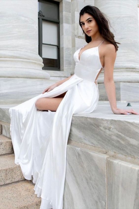 White Satin Long Prom Dress cg15871