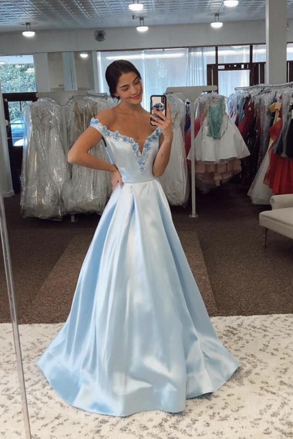 Blue satin long prom dress blue evening dress cg15880