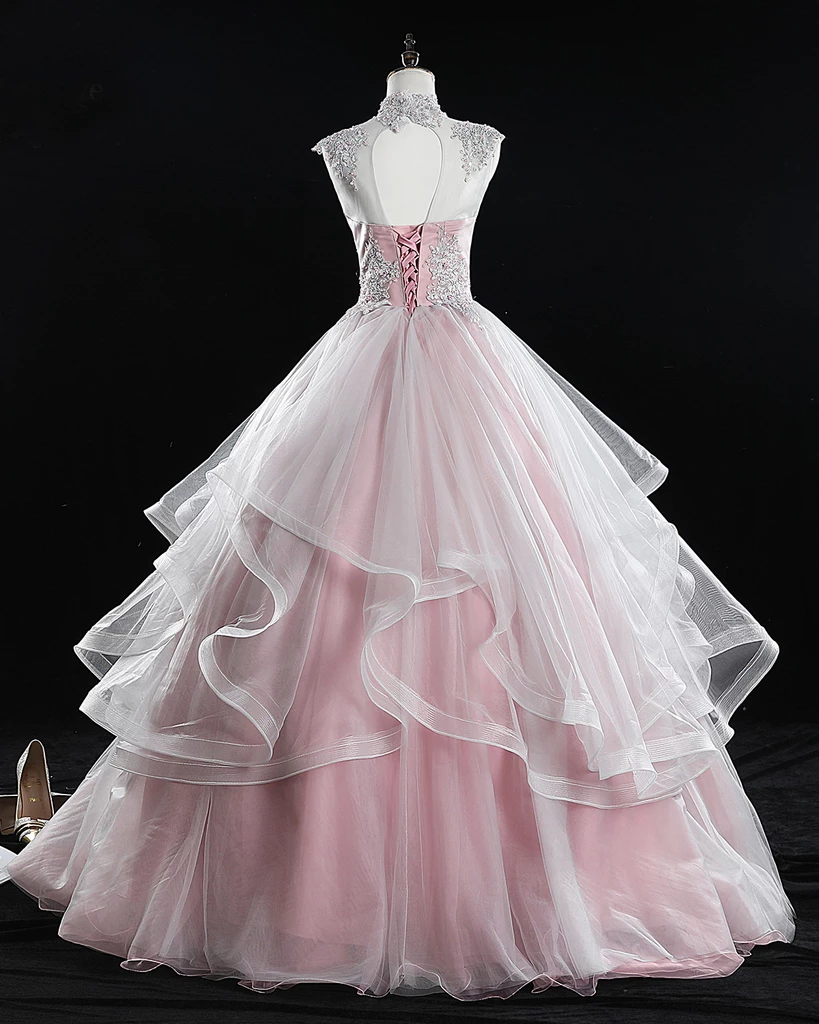 Pink High Neck Tulle Lace Long Prom Dress, Pink Sweet 16 Gown cg15884