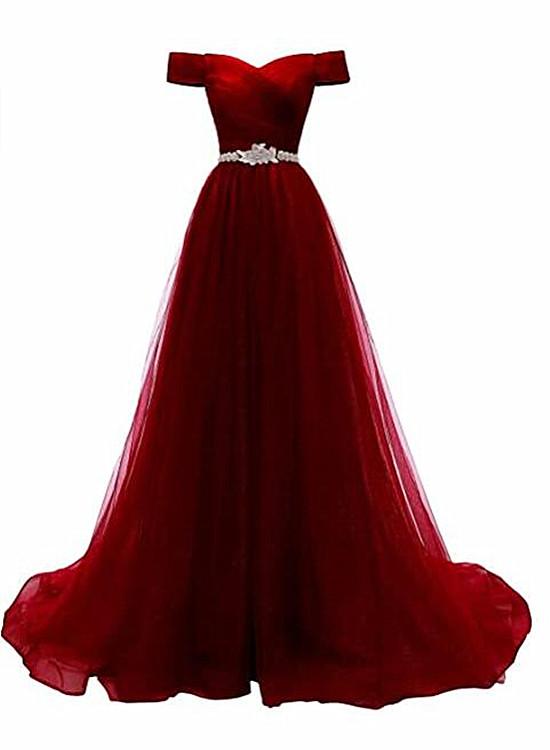 Pretty Dark Red Off Shoulder Long Party Dress With Beadings Prom Dress cg15885