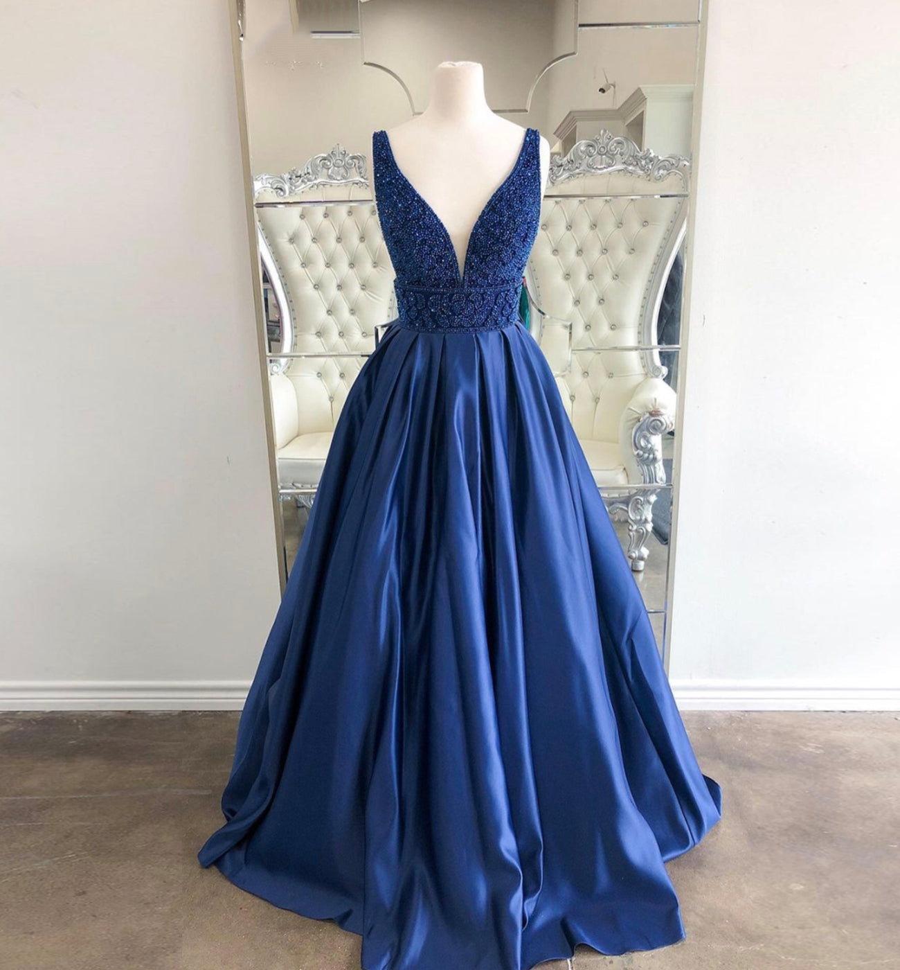 BLUE SATIN LONG PROM DRESS WITH BEADS EVENING DRESS cg15887