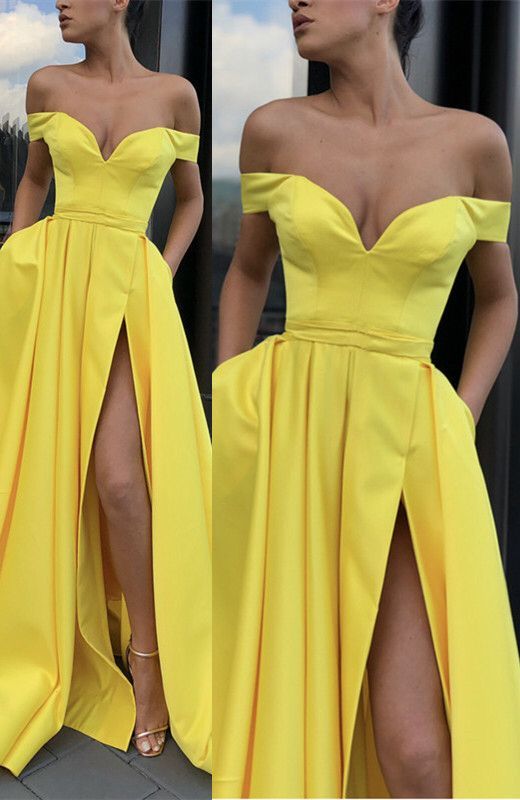 Glamorous Formal Fit Satin Dress With V-neck And Off The Shoulder prom dress cg15906