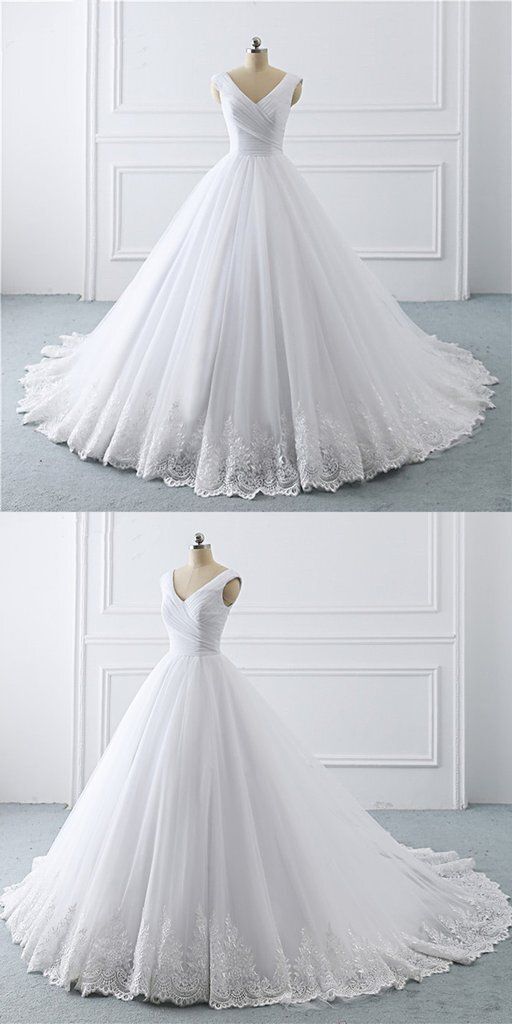 Unique White Lace V Neck Puffy Sweep Train Wedding Dress, Lace Formal Prom Dress cg15912
