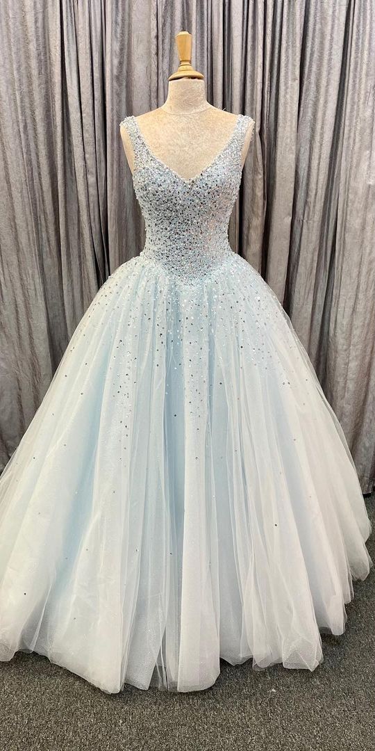 Sparkle A-line Light Blue Tulle Ball Gown prom dresses cg15918