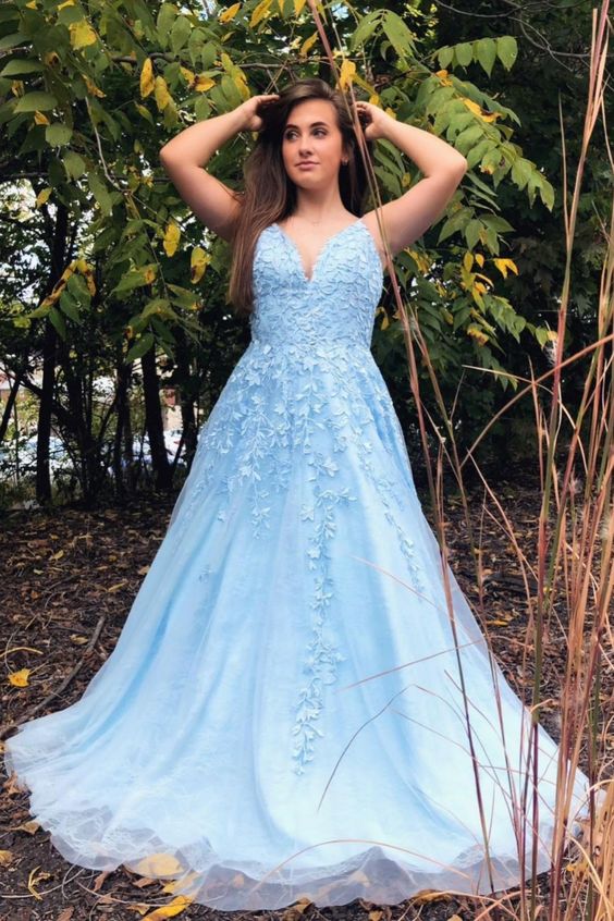 Light Blue Tulle and Lace A-line Long Prom Dress cg15925