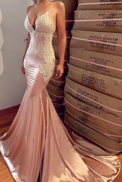 Sexy Mermaid Backless Prom Dress Nude V Neck Long Lace Spaghetti Straps Prom Dresses cg15929
