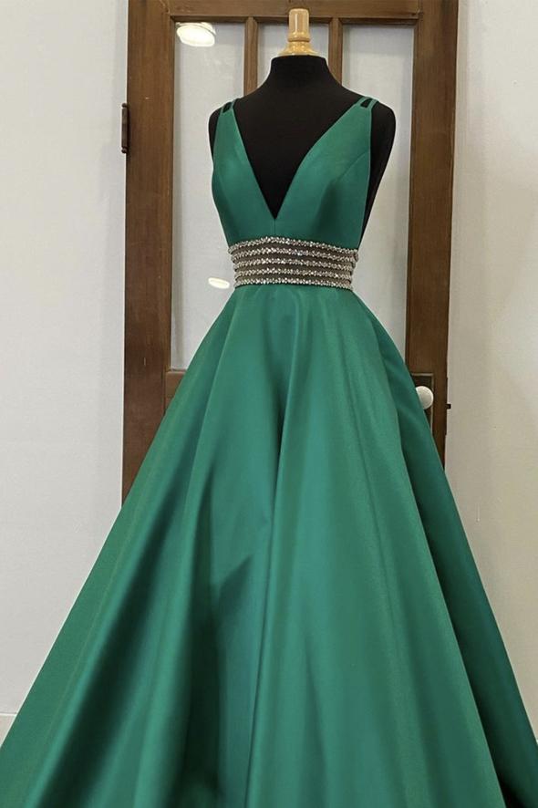 Green v neck satin long prom dress evening dress cg15935