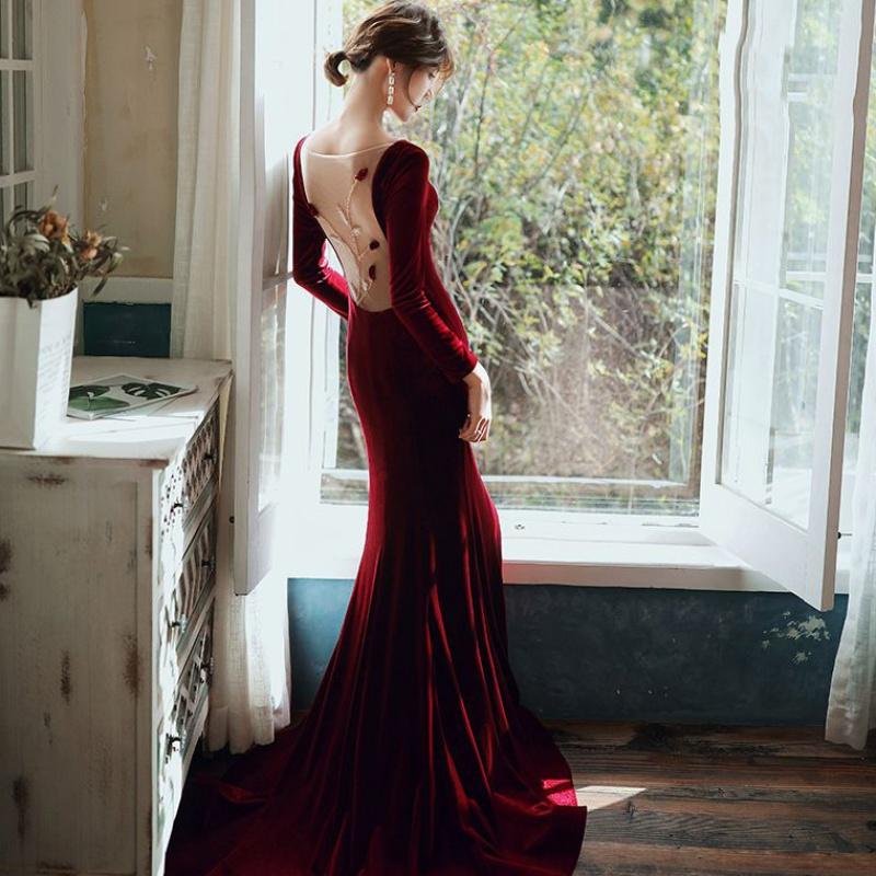 Burgundy Velvet Long Sleeves Mermaid Party Dress, Long Prom Dress cg15938