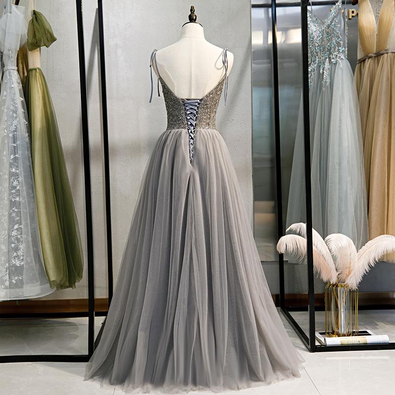 Grey Tulle Beaded Straps A-Line Long Formal Dress, New Prom Dress Party Dress cg15939